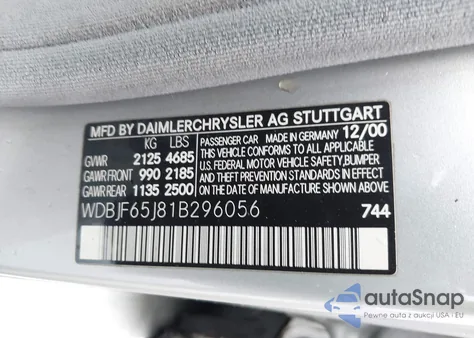 2001 Mercedes-Benz E 320 from USA, damaged, VIN WDBJF65J81B296056